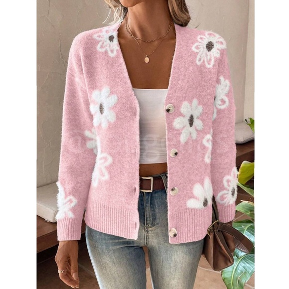 Pink Cardigan Knit Flower Textured Button Front Stretchy, Soft - Picture 2 of 9